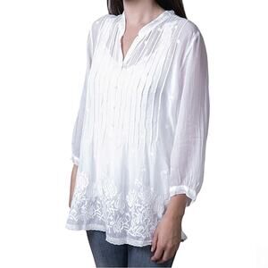 Johnny Was Floral Embroidered Tunic Blouse White Boho Pintuck Vine SMALL